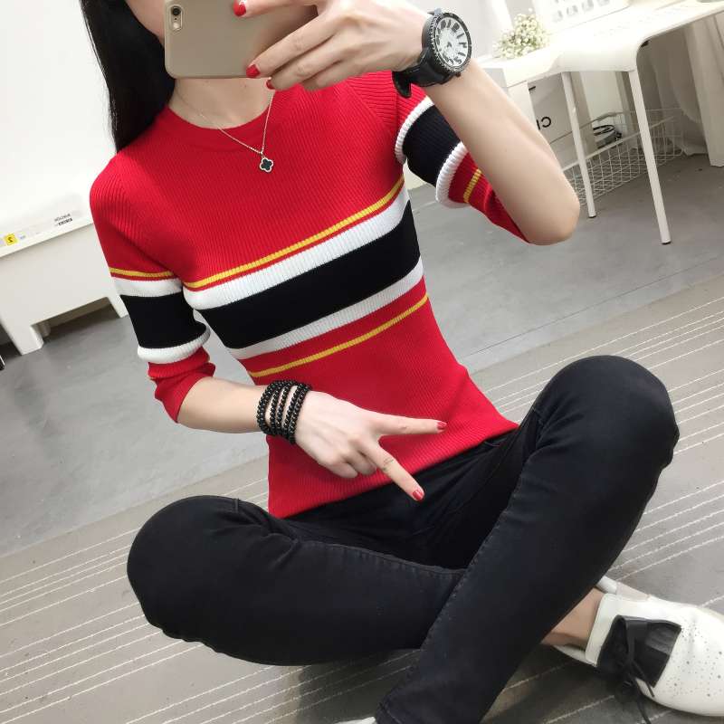 細身シルエットのボーダーニットトップス ボーダー服