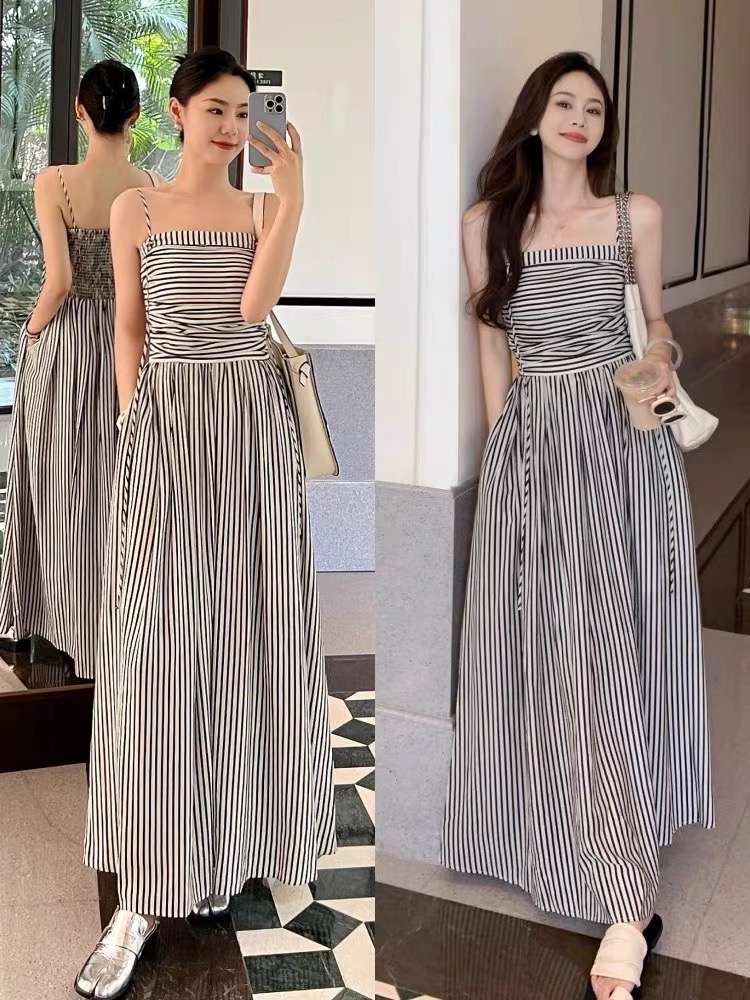 ストライプ柄マキシ丈サマーワンピース ボーダー服