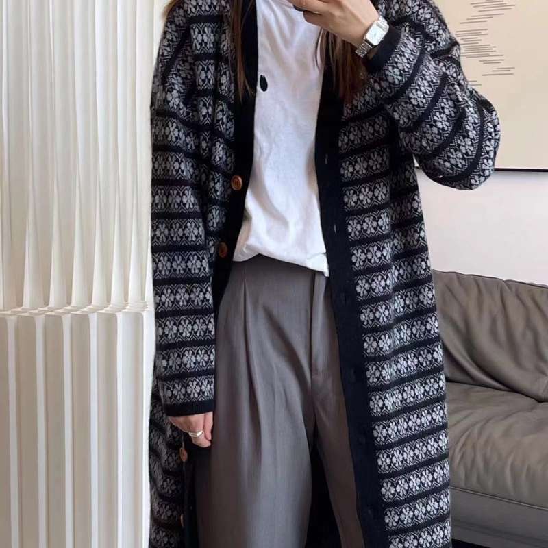 ノルディック柄ロングカーディガン ボーダー服