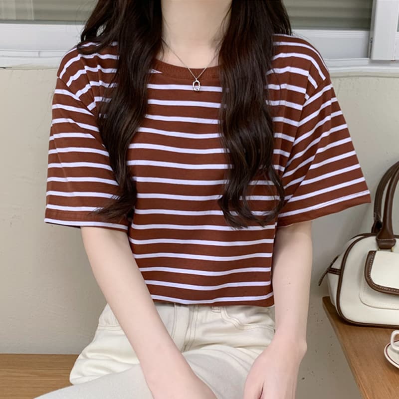 ボーダー ゆったり横縞ベーシックTシャツ