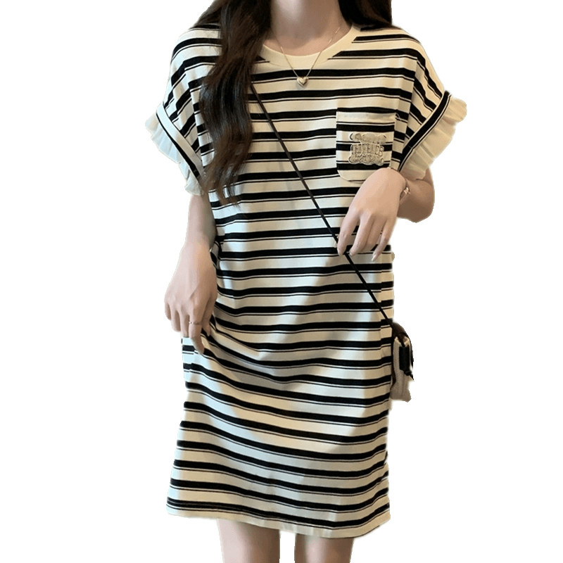 フリル袖ボーダーゆったりワンピース ボーダー服