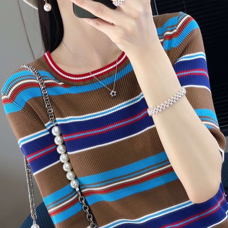 マルチボーダー柄リブニットセーター ボーダー服