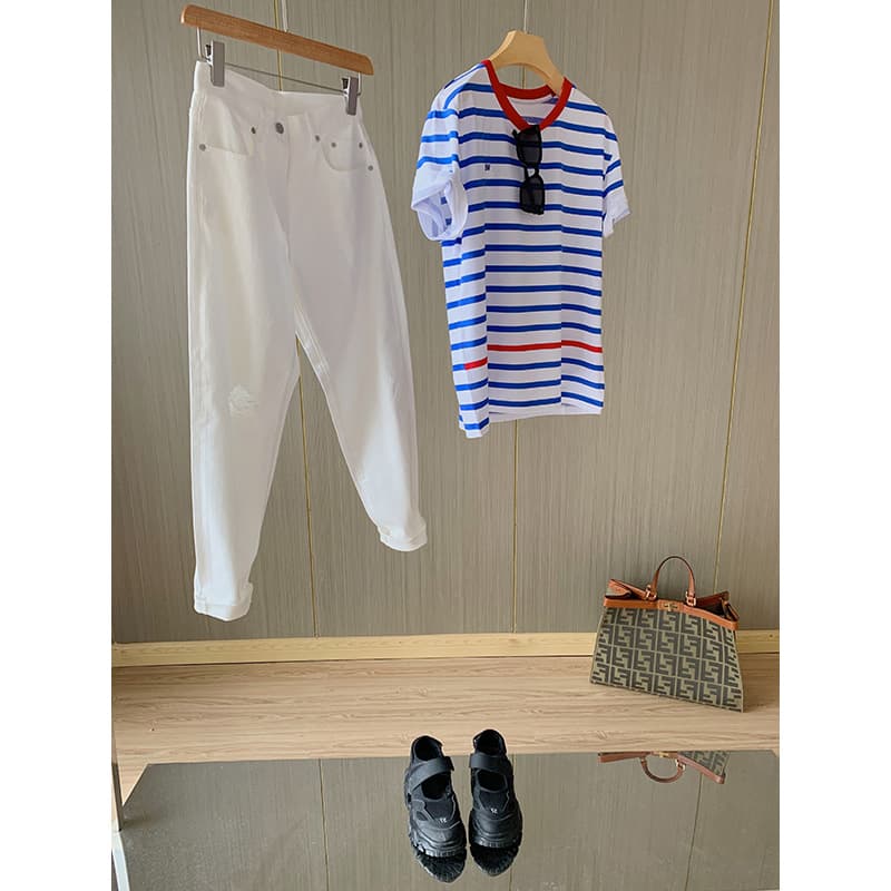 ボーダー服 爽やか海風リブネック細ボーダーシャツ