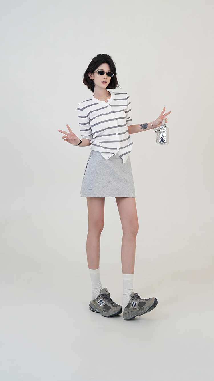 ボーダー柄半袖ニットカーディガン ボーダー服