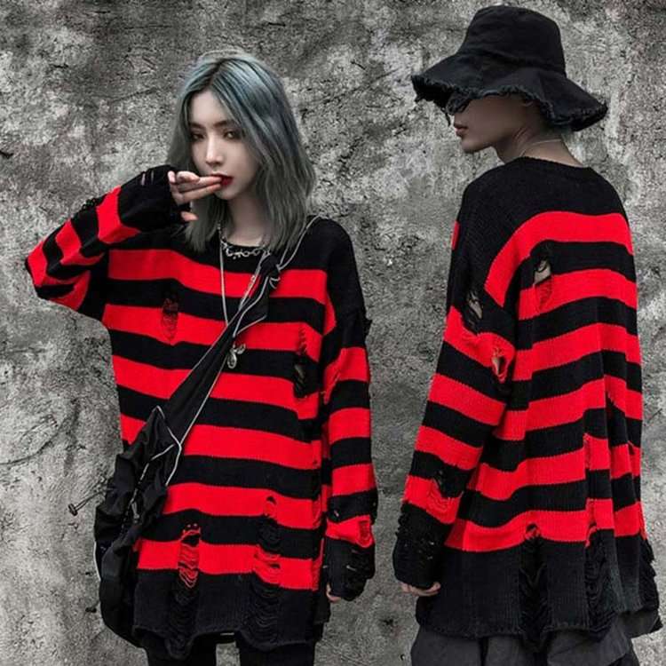 ダメージ加工ボーダーオーバーサイズニット ボーダー服