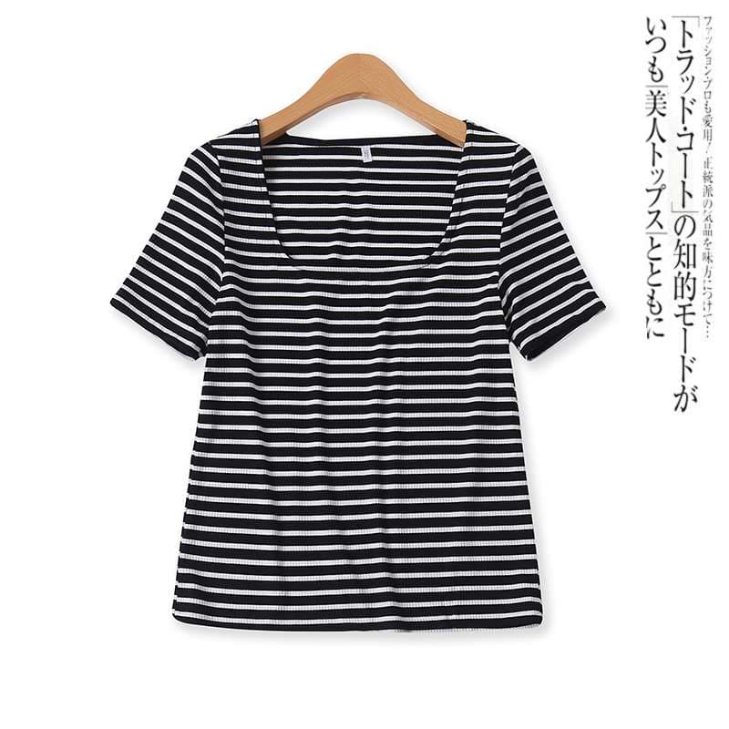スクエアネックリブ編みボーダーTシャツ ボーダー服