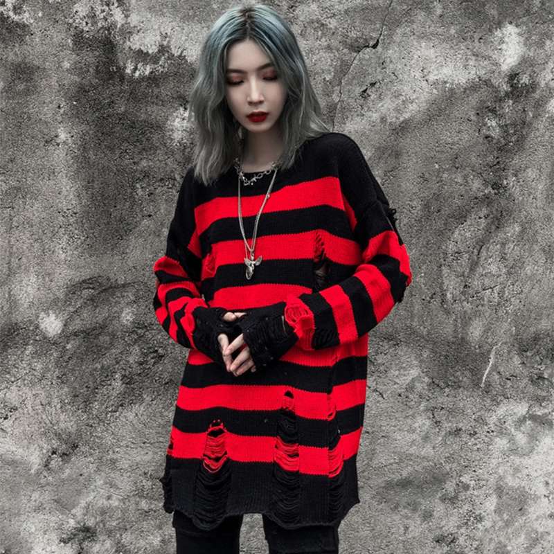 ダメージ加工ボーダーオーバーサイズニット ボーダー服