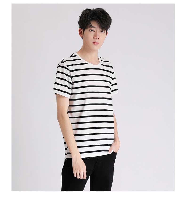 しなやかな縞模様クルーネック半袖Tシャツ ボーダー服