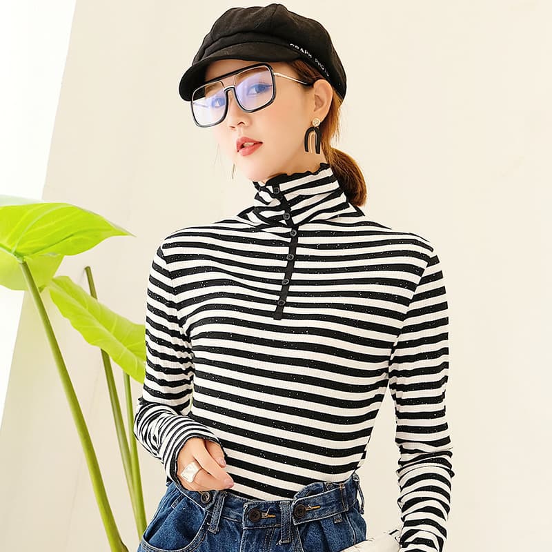 シンプルボーダータートルネック長袖プルオーバー ボーダー服