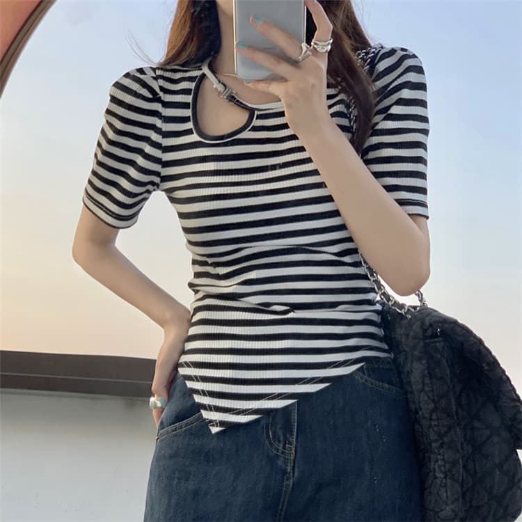 ボーダー服 Tシャツ レディース 不規則縞模様 夏用半袖ティーシャツ