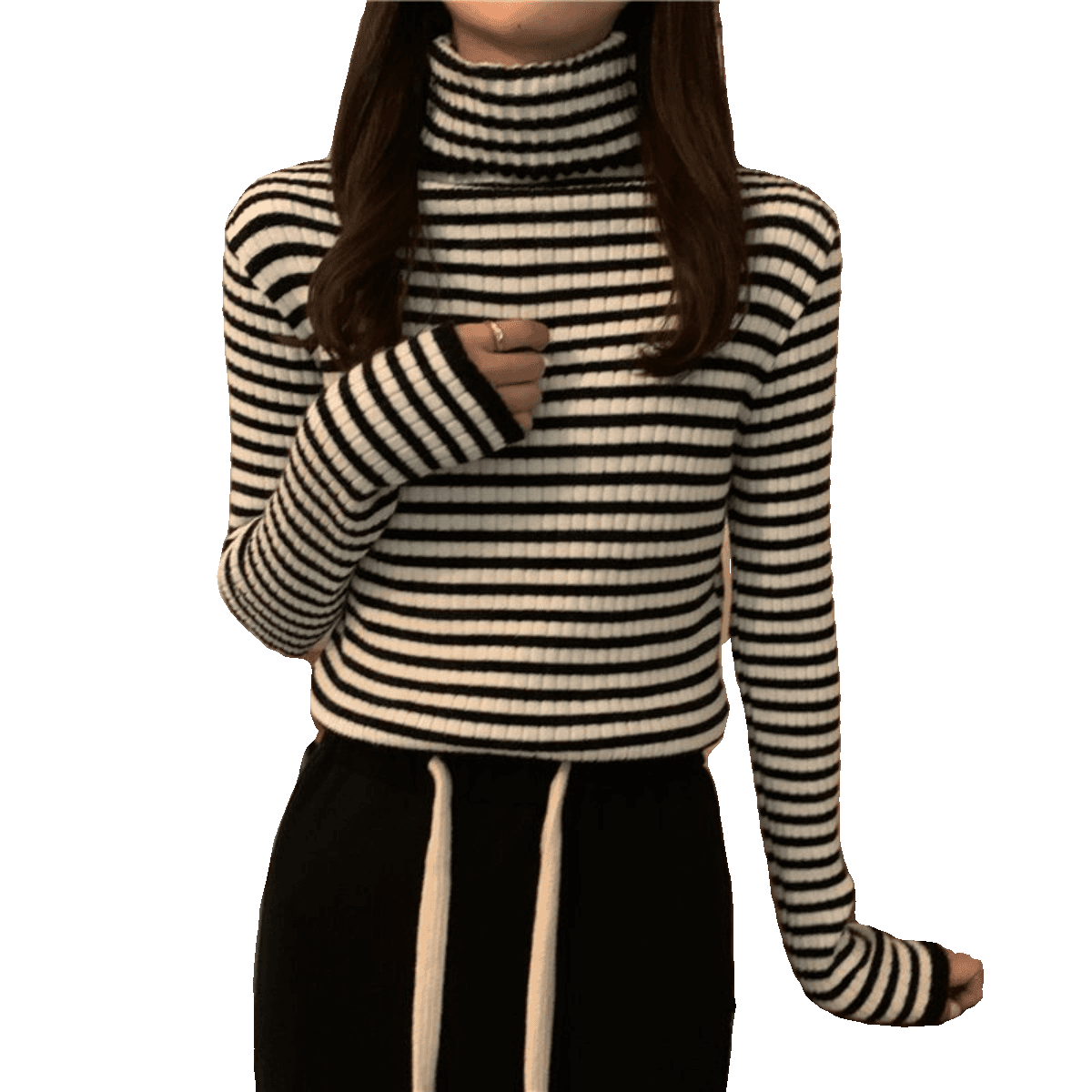 リブ編みボーダータートルネックセーター ボーダー服