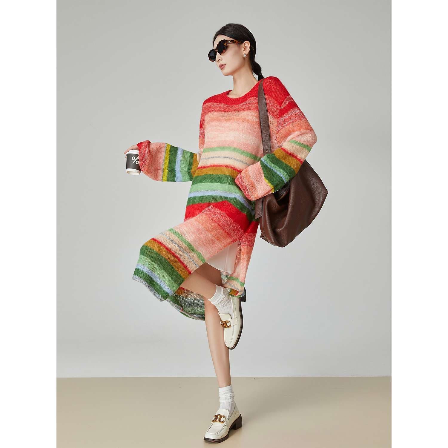 多彩ボーダーニットロングワンピース ボーダー服