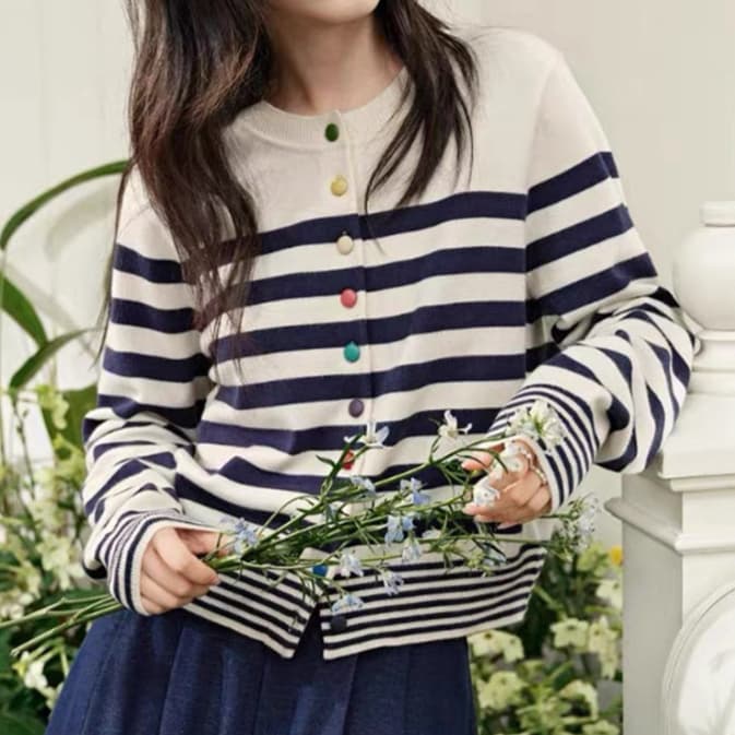 ボーダー服ニットカーディガン カラフルボタン丸首
