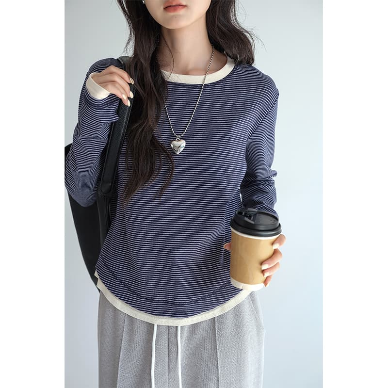 ボーダー服 シンプル細ボーダー リブ仕立てロングスリーブ