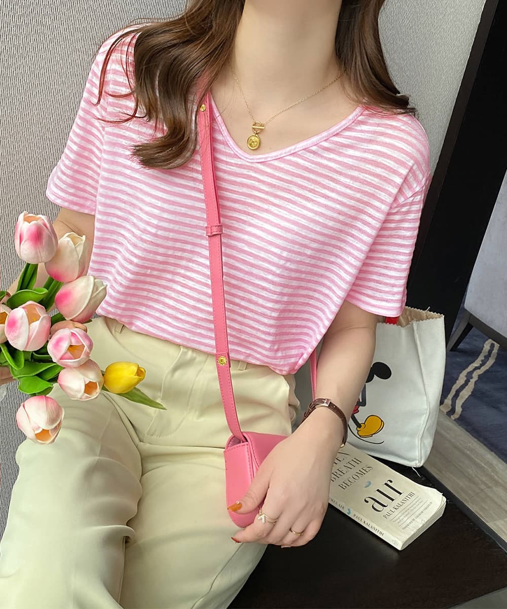 ボーダー服 Tシャツ ボーダー柄半袖Tシャツ Vネック夏用薄手トップス