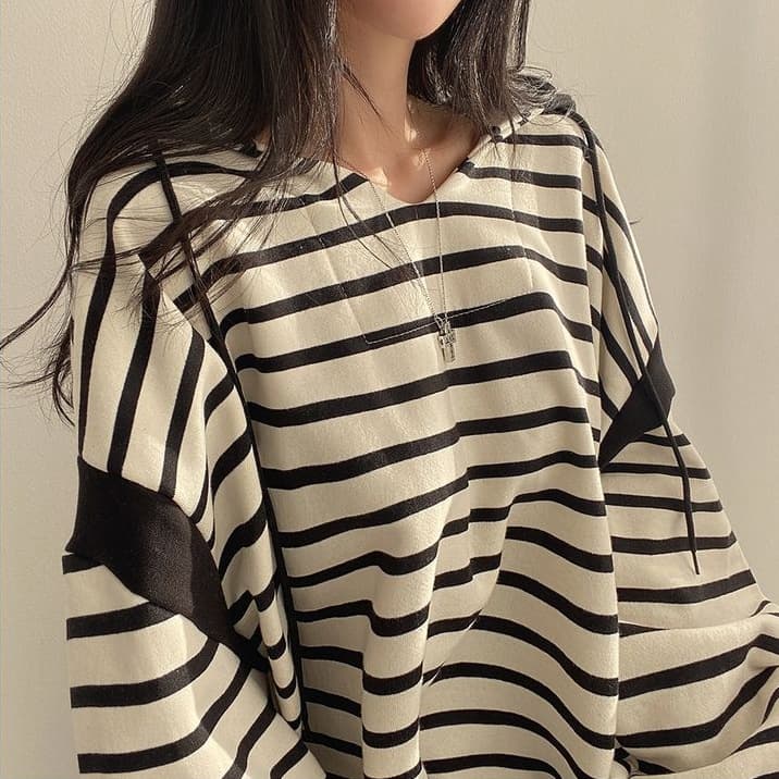 ボーダー服 ボーダー柄フード付きパーカー秋冬レディースゆったり