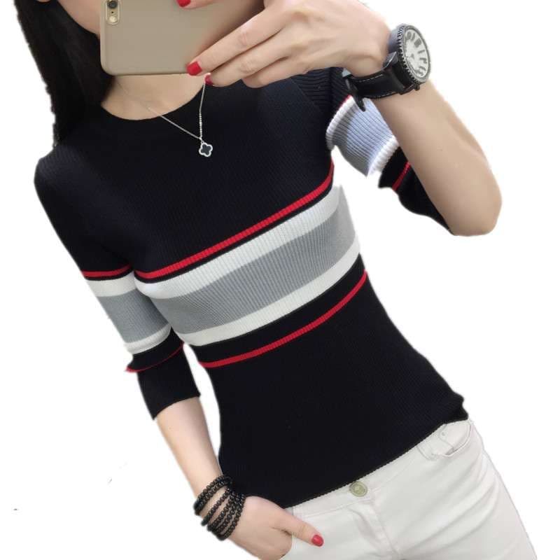 細身シルエットのボーダーニットトップス ボーダー服