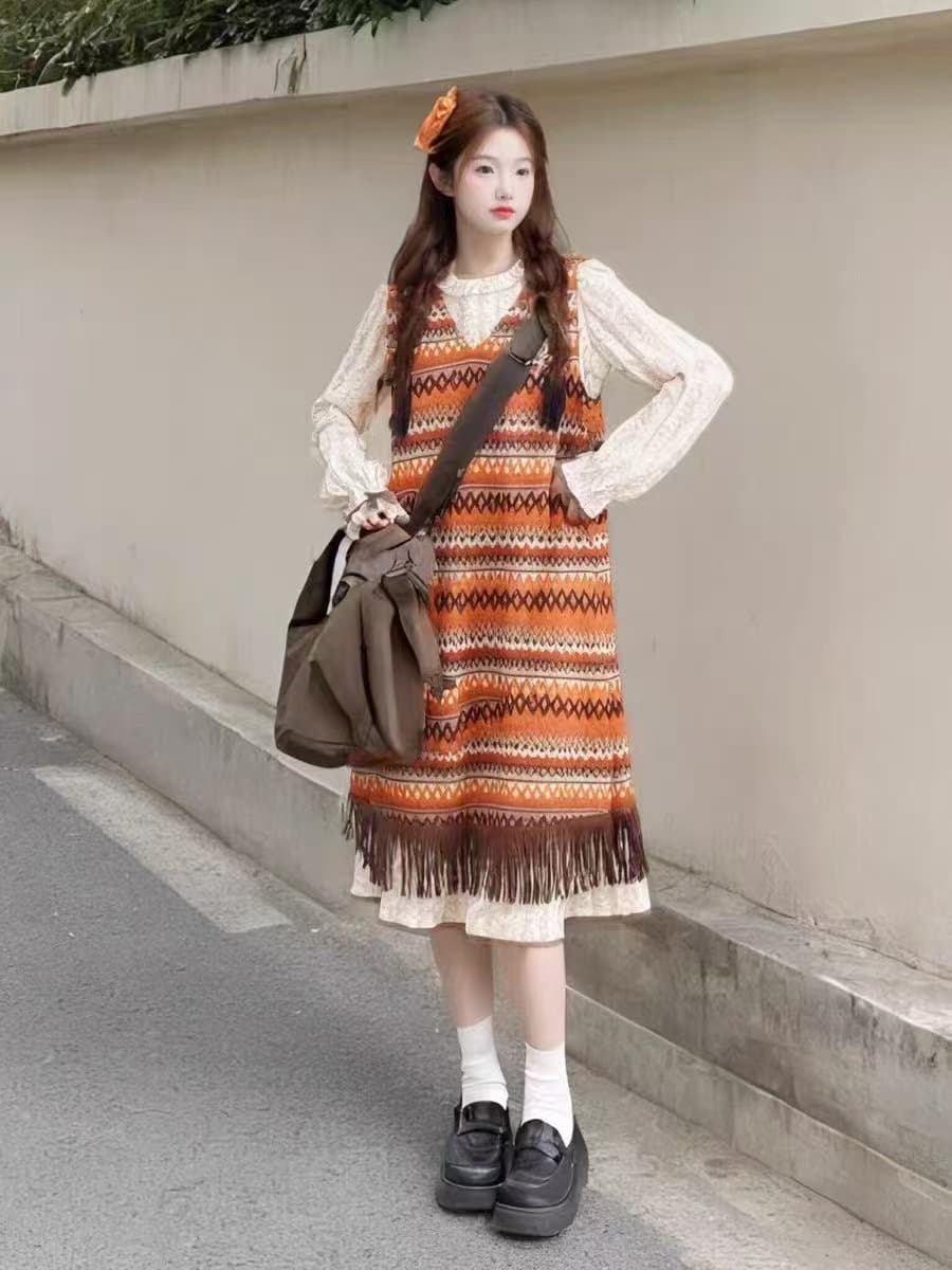 ボーダー服 民族調フリンジボーダーワンピース