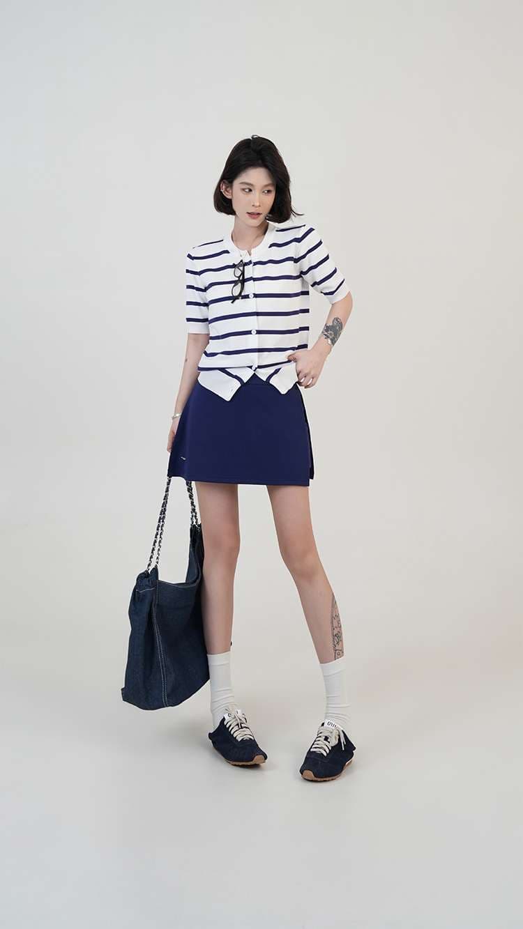 ボーダー柄半袖ニットカーディガン ボーダー服