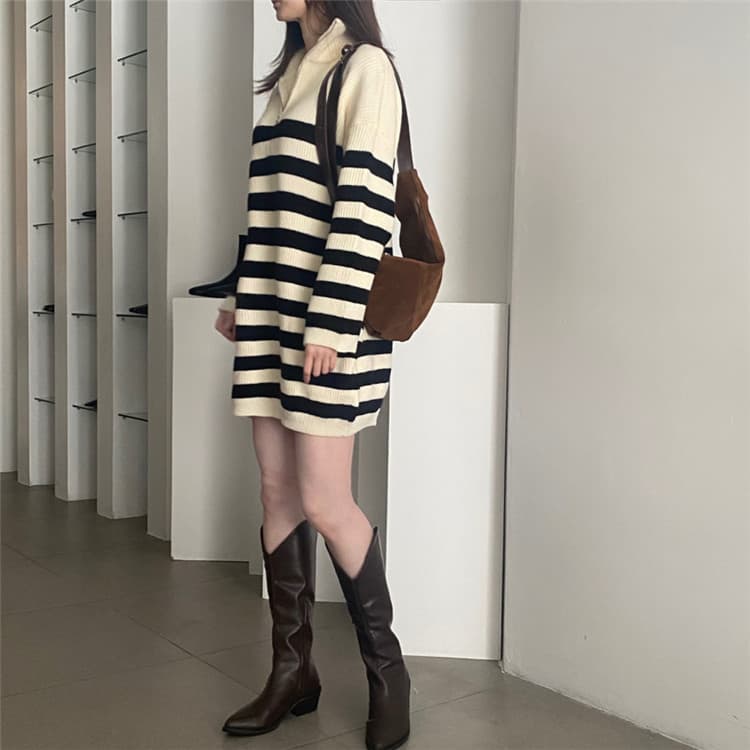 ボーダー服ワンピース 大人可愛いボーダー柄ニットワンピース