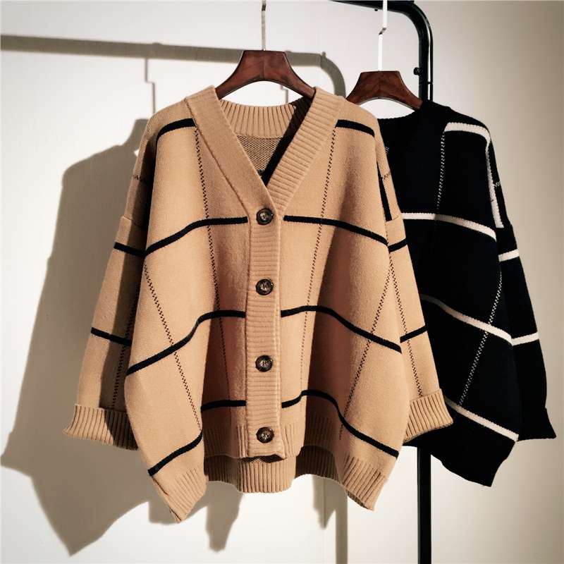 格子柄ゆったりニットカーディガン ボーダー服