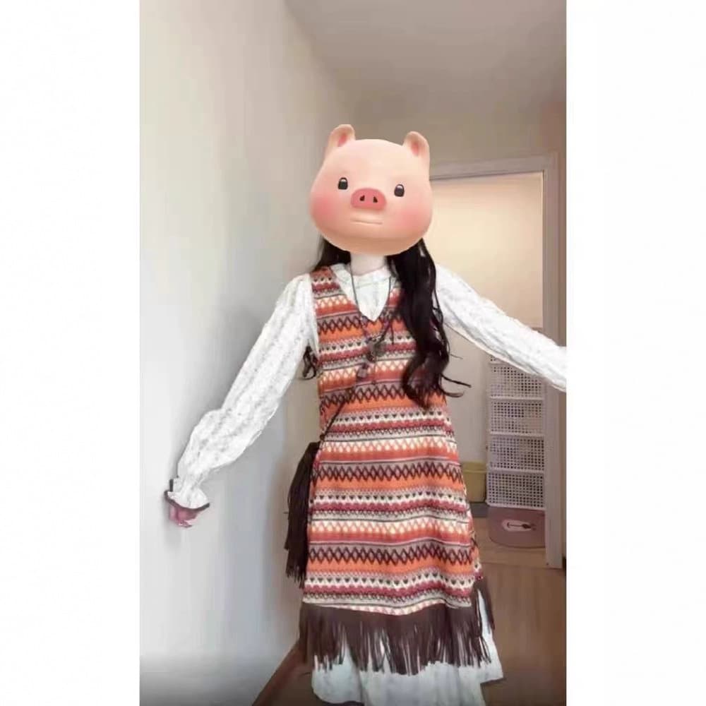ボーダー服 民族調フリンジボーダーワンピース