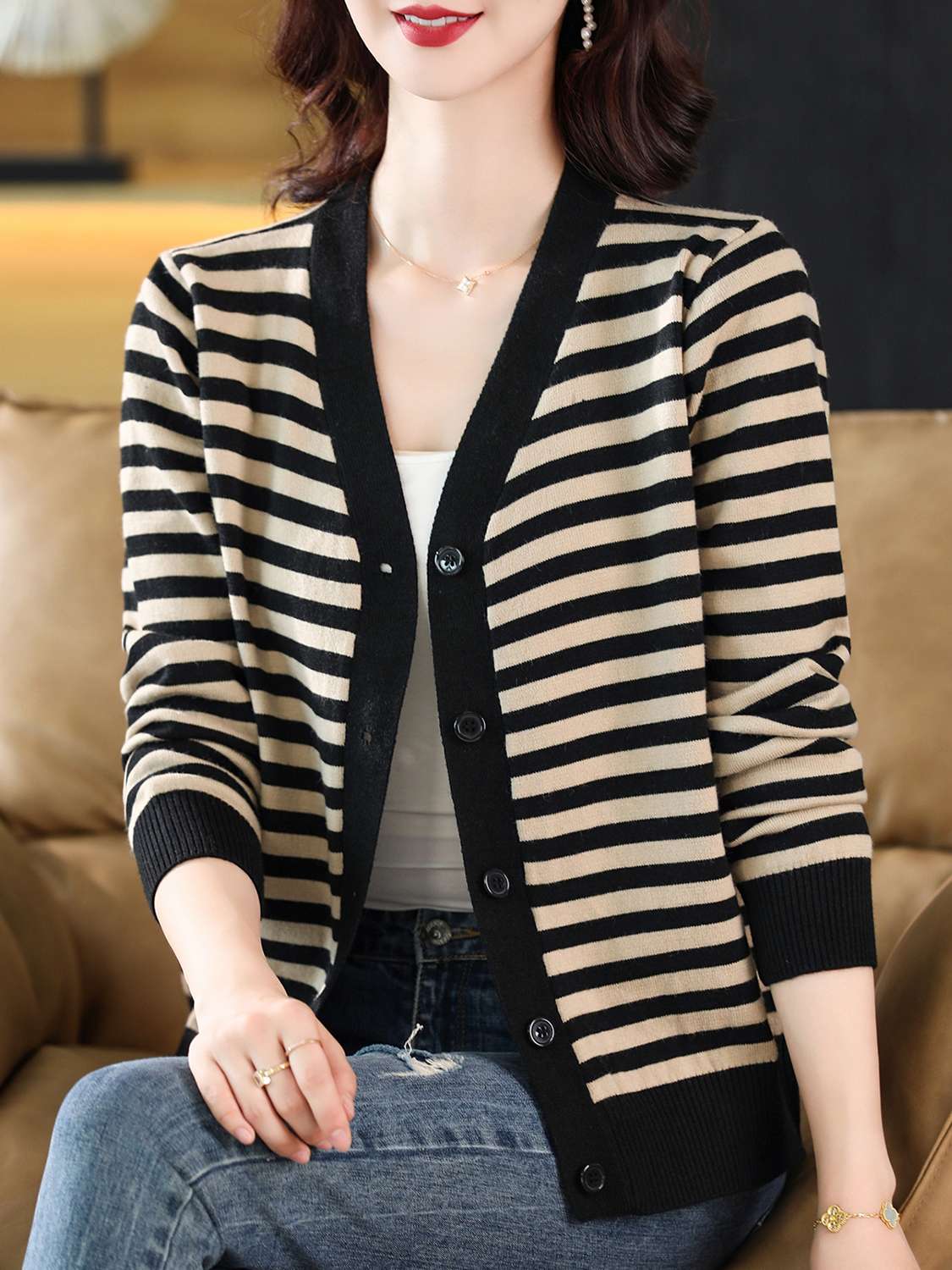 洗練ボーダーニットカーディガン ボーダー服