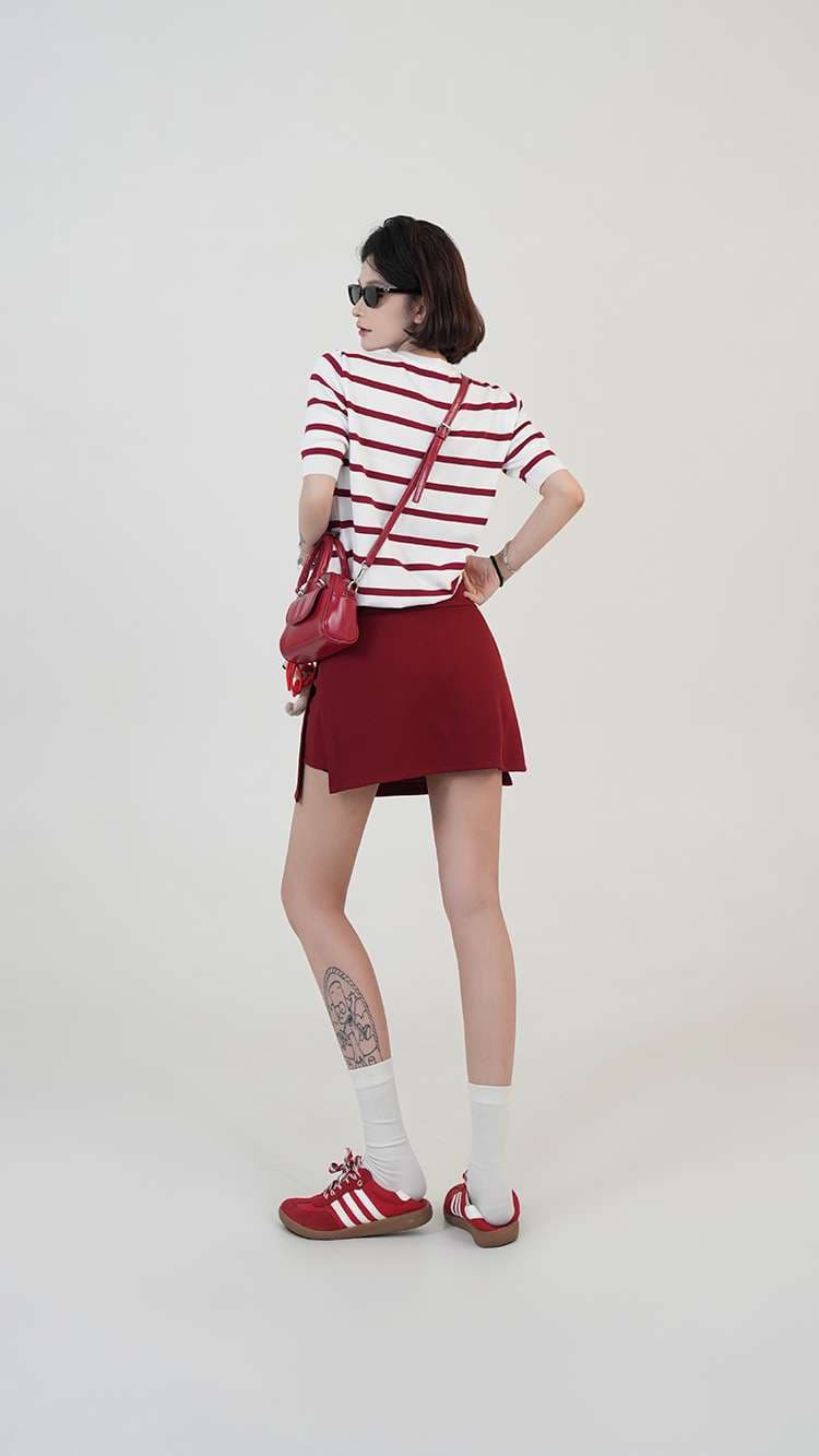 ボーダー柄半袖ニットカーディガン ボーダー服