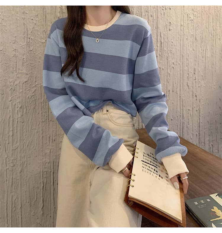 ボーダー服 Tシャツ ボーダー柄 丸首ショート丈Tシャツ長袖レディース