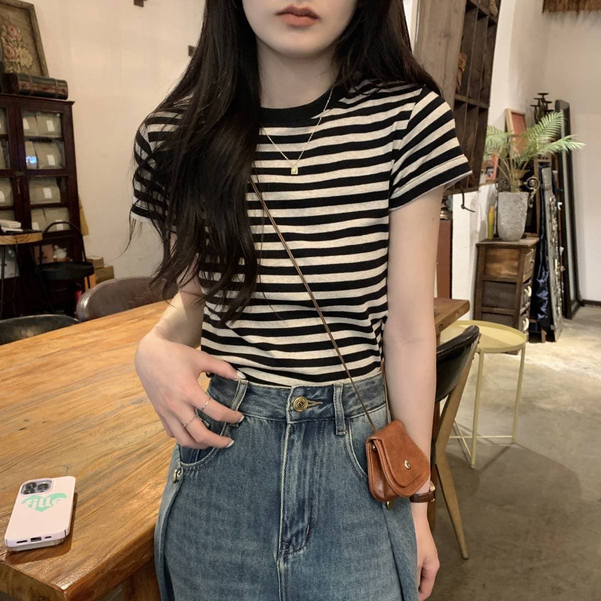 ボーダー クラシック横縞リブネックTシャツ