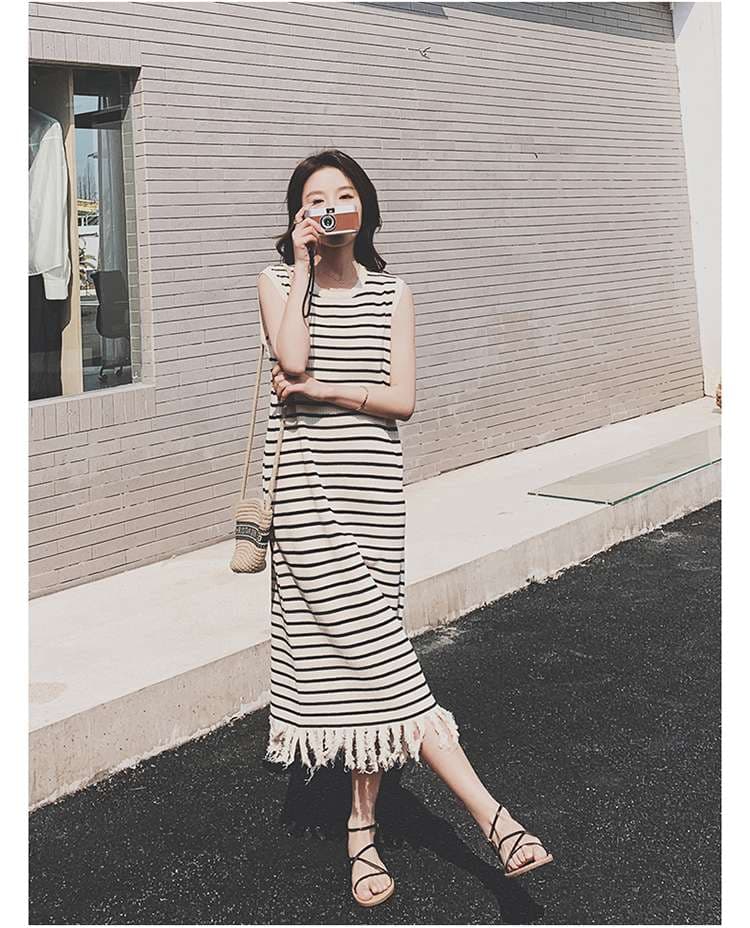 フリンジ付きボーダーマキシワンピース ボーダー服