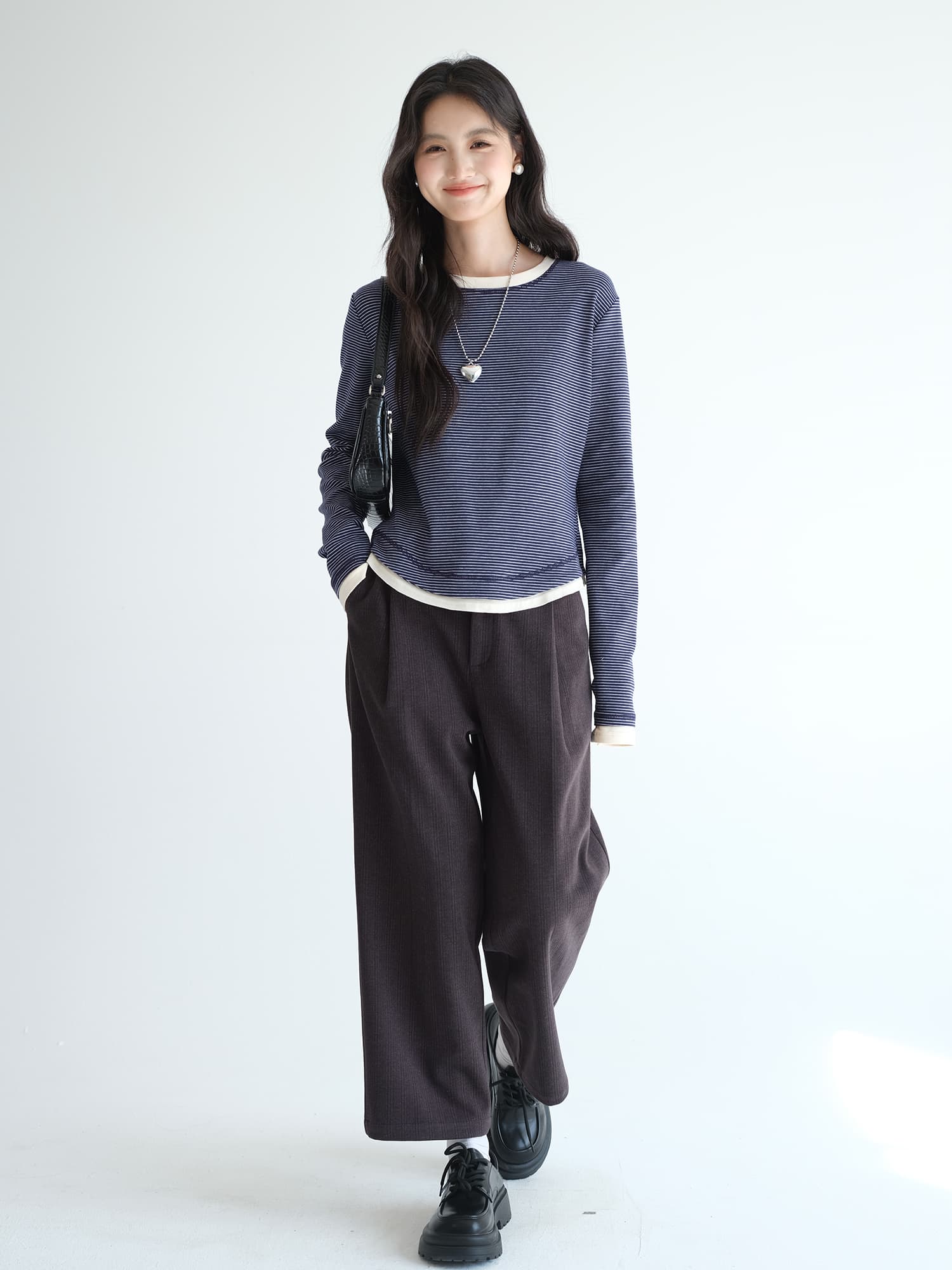 ボーダー服 シンプル細ボーダー リブ仕立てロングスリーブ