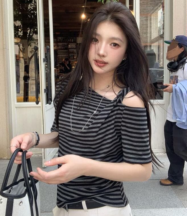 ボーダー服 Tシャツ ボーダー柄半袖Tシャツ オフショルダー リボン付きレディース