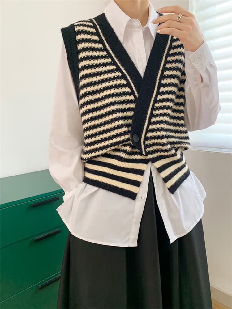 ボーダー服 レトロボーダーニットベスト袖なし深緑