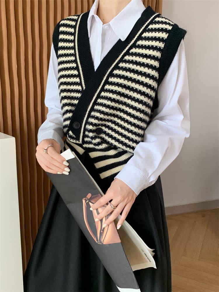ボーダー服 レトロボーダーニットベスト袖なし深緑