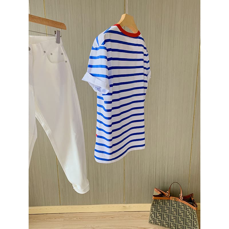 ボーダー服 爽やか海風リブネック細ボーダーシャツ