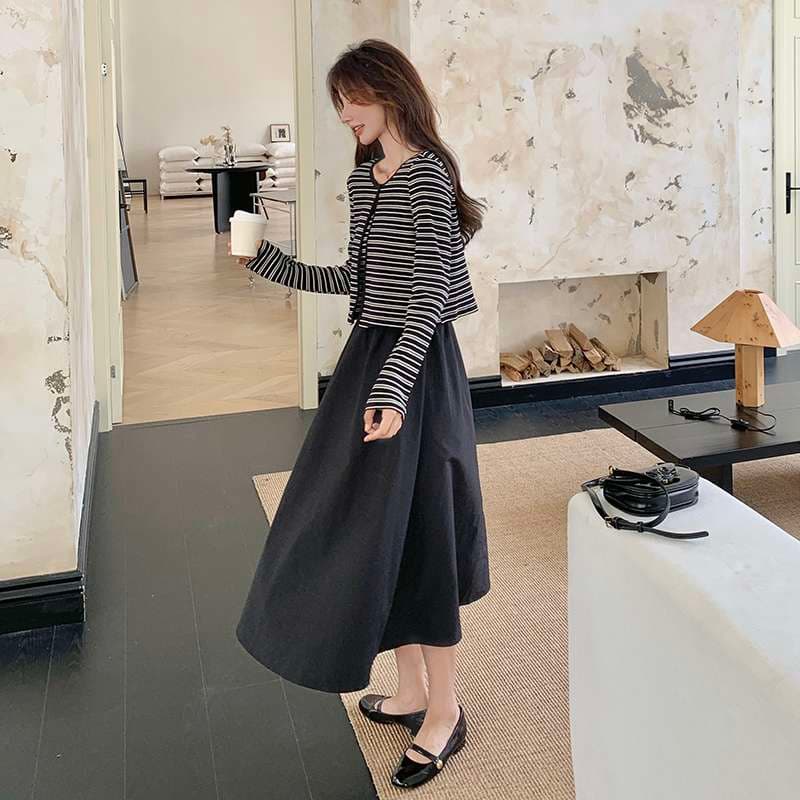 ストライプカーディガン重ね着風ロングワンピース ボーダー服