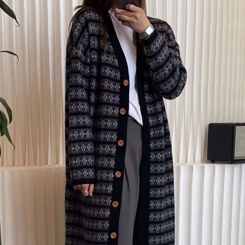 ノルディック柄ロングカーディガン ボーダー服