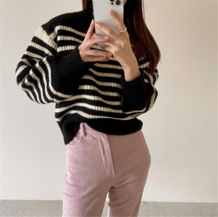 ボーダー服セーター 秋冬レトロボーダー ゆったりニット
