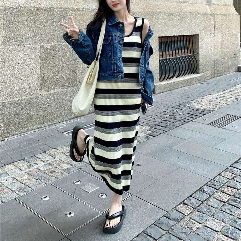 リブ編みストライプノースリーブマキシワンピース ボーダー服