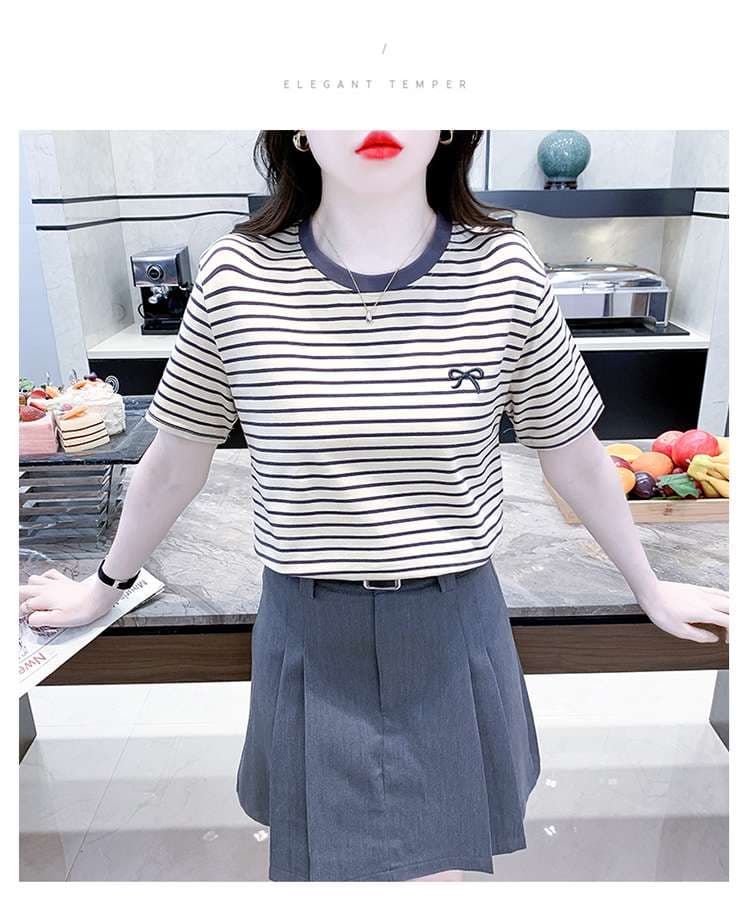 リボン刺繍入りマリンボーダーTシャツ ボーダー服