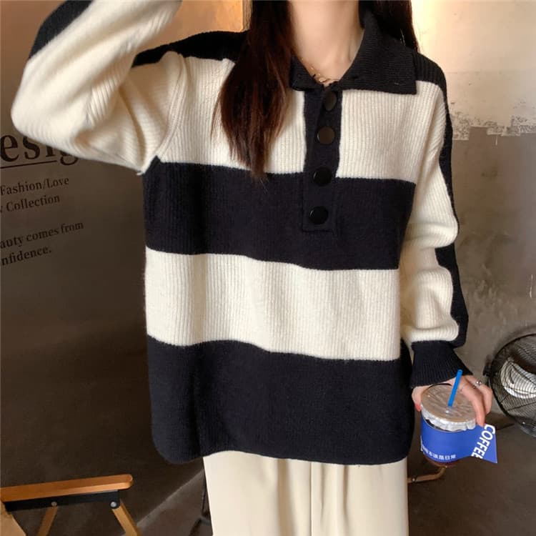 ボーダー服 ボーダー襟付きニットセーター ゆったり暖か