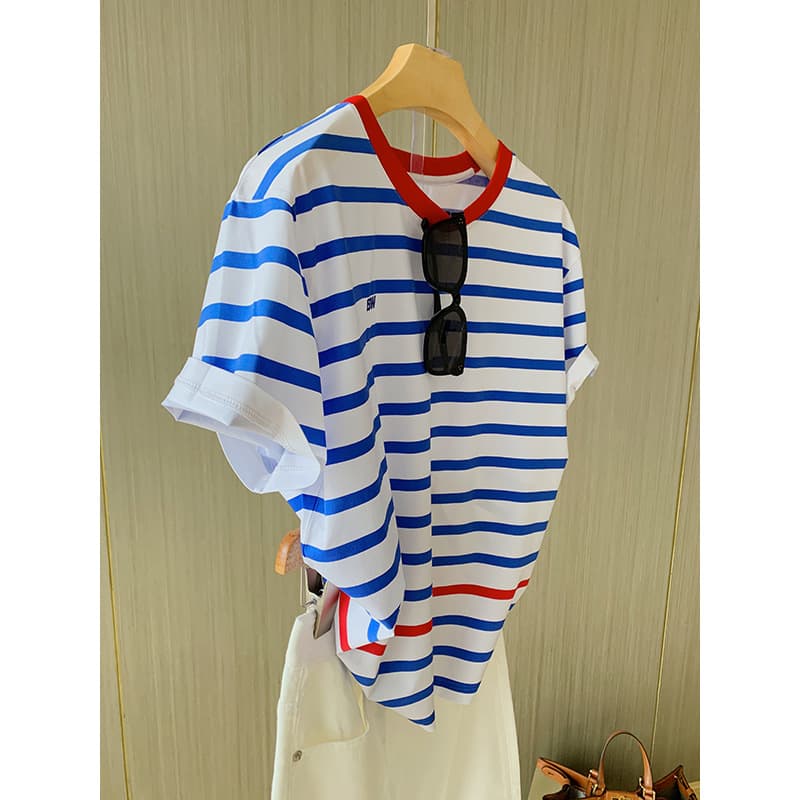 ボーダー服 爽やか海風リブネック細ボーダーシャツ