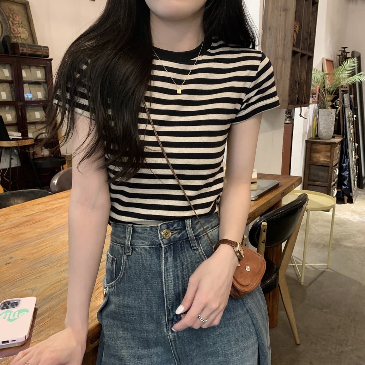 ボーダー クラシック横縞リブネックTシャツ