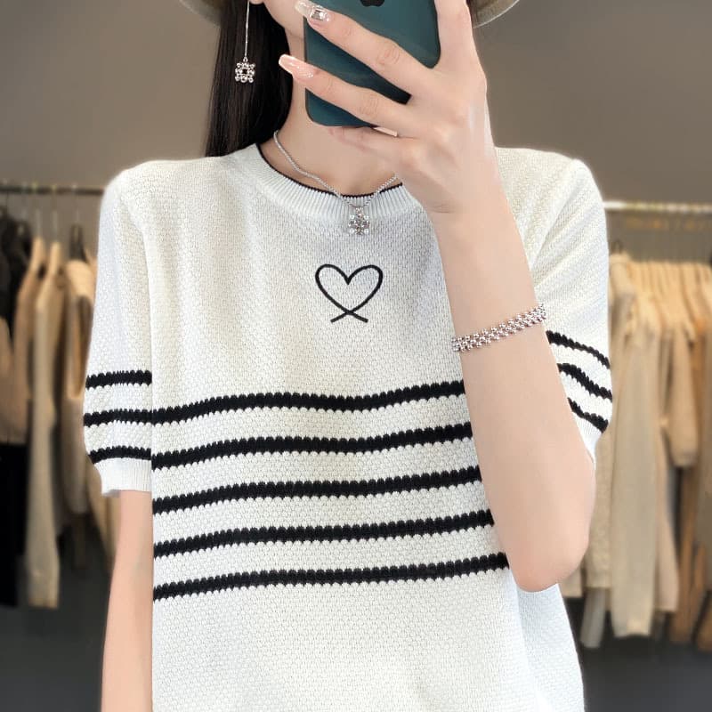 ボーダー ハートモチーフ ボーダーニットTシャツ