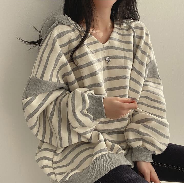ボーダー服 ボーダー柄フード付きパーカー秋冬レディースゆったり