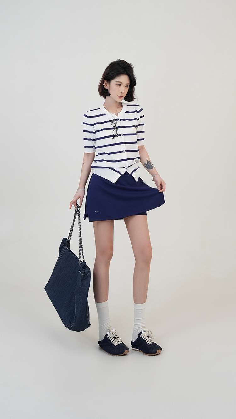 ボーダー柄半袖ニットカーディガン ボーダー服