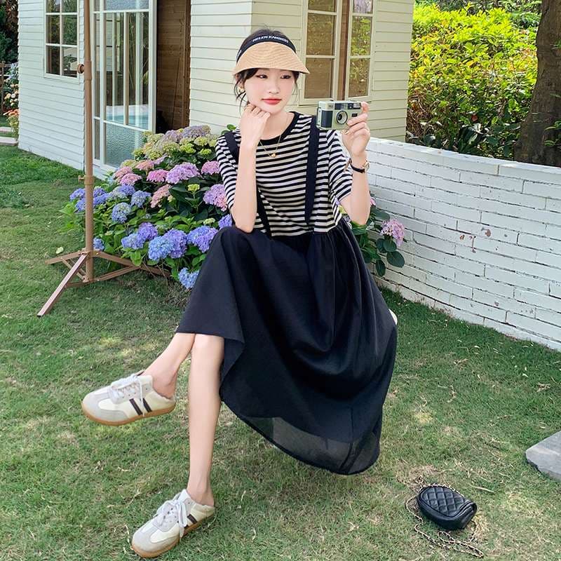 ストライプ切り替えサロペットワンピース ボーダー服
