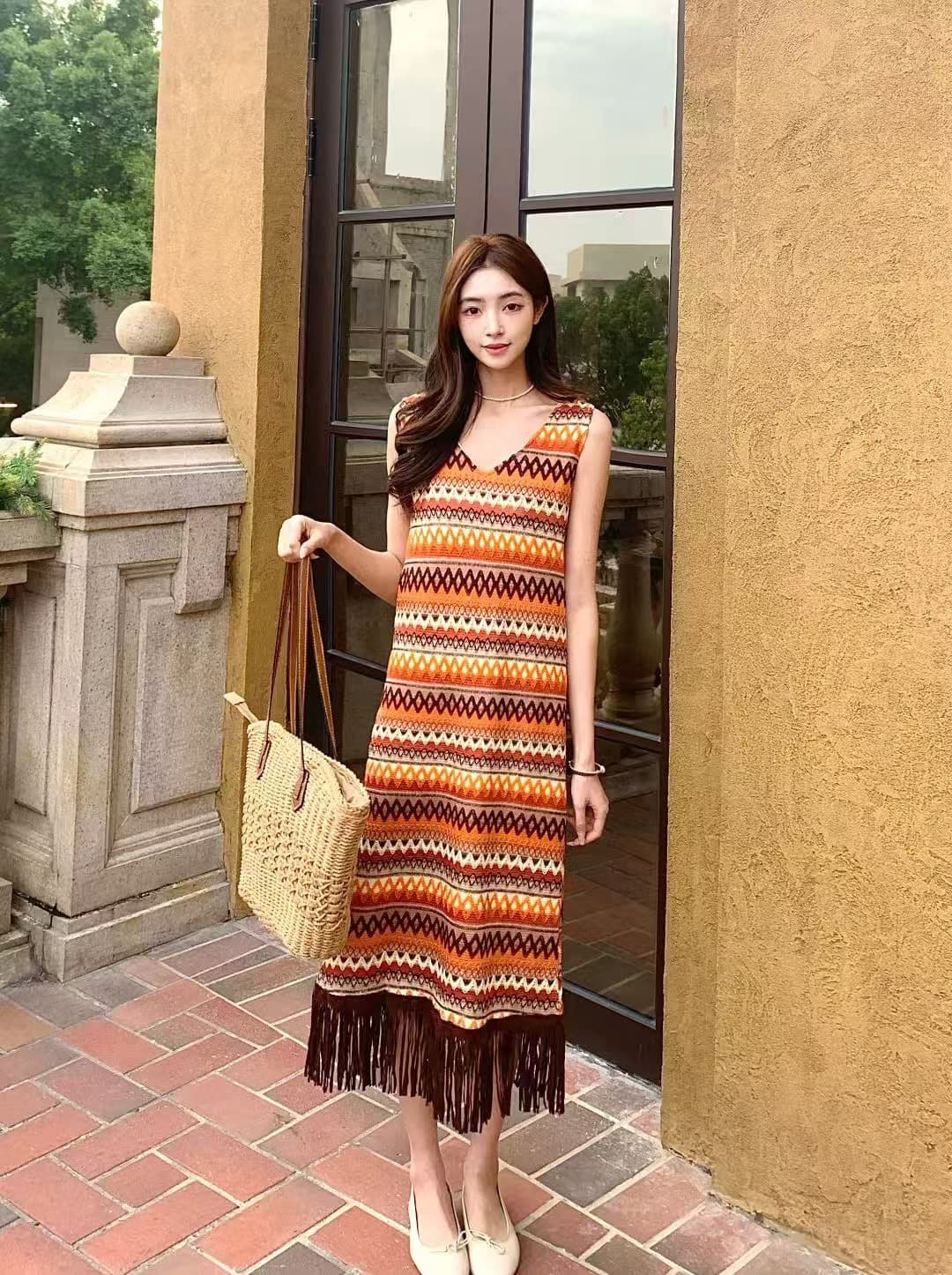 ボーダー服 民族調フリンジボーダーワンピース