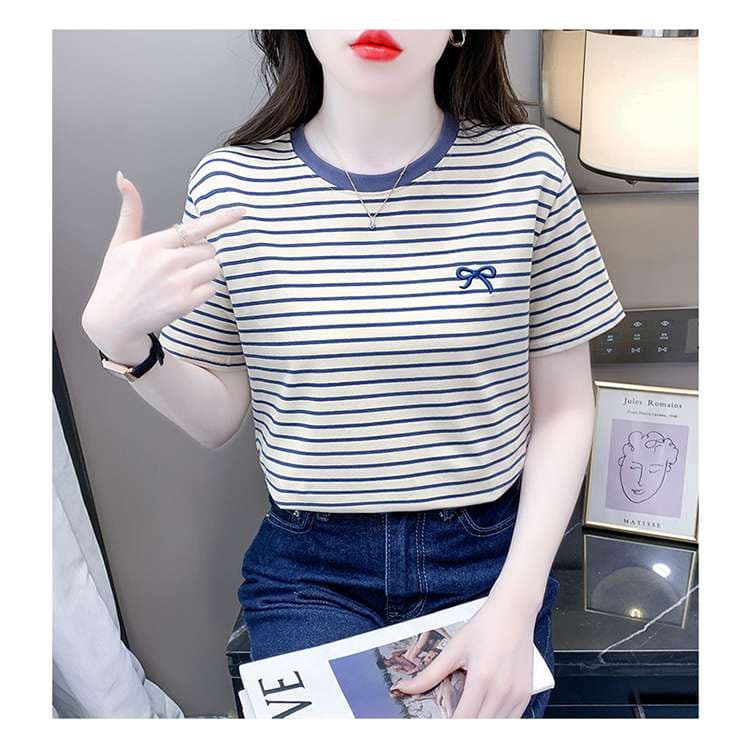 リボン刺繍入りマリンボーダーTシャツ ボーダー服